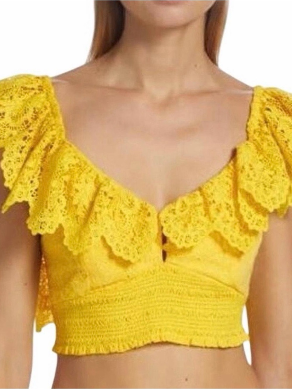 NWT Alice + Olivia Bright Yellow Crochet Ruffle Crop Top, Size SP